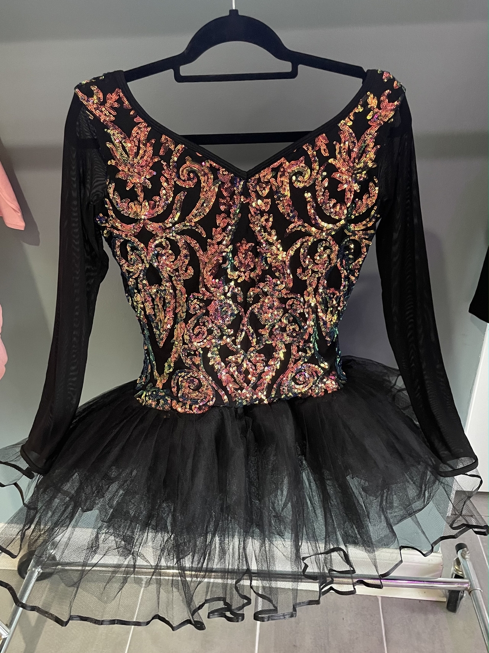 Black Long-Sleeve Sequin Dance Top with Multicolor Embellishment